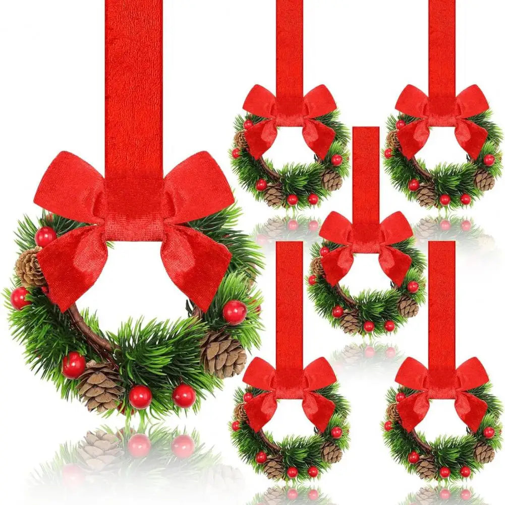 Set of 6 Mini Christmas Cabinet Wreaths with Ribbon Bows – Artificial Farmhouse Holiday Party Decorations