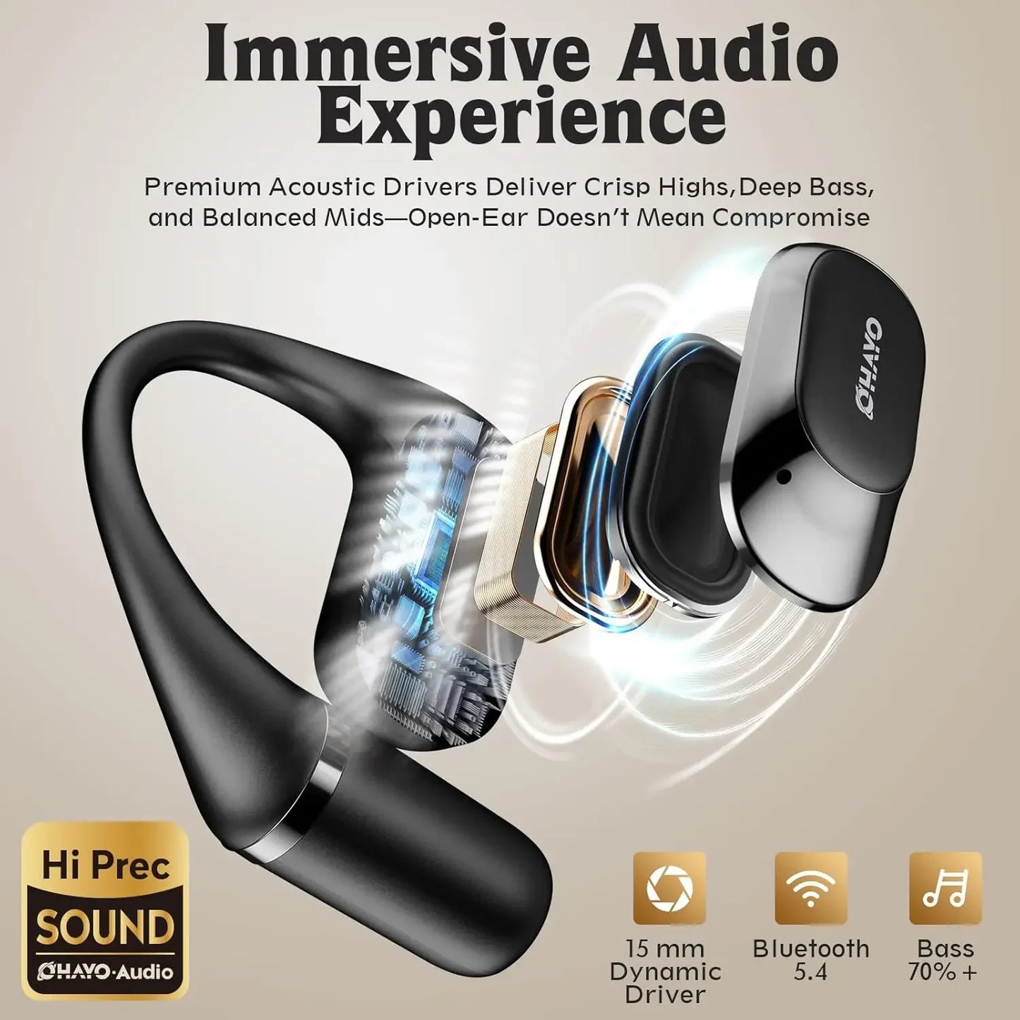 Ohayo Open-Ear Earphones - Bluetooth 5.4 Air Conduction Wireless Sports Earbuds IPX6 Waterproof Headphones With Mic
