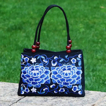 Embroidered Canvas Top Handle Bag for Women - Double Layered with Zippered Compartments, Ideal for Work and Play