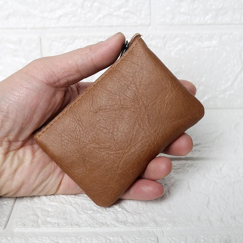 Leather Mini Coin Purse – Unisex Retro Handmade Cowhide Small Wallet with Zipper & Key Case