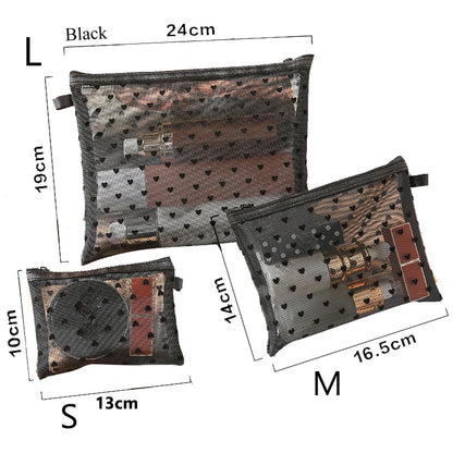 Transparent Mesh Zipper Cosmetic Bag – Fashionable Black Toiletry Organizer, Small & Large Makeup Pouch for Women