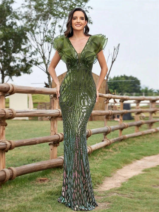 Elegant Black Evening Dress 2025 – Women’s Luxury Long Mermaid V-Neck Sequins Formal Prom Wedding Party Gown