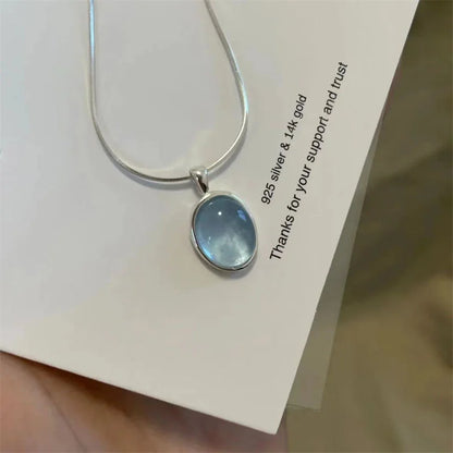 Retro Oval Aquamarine Pendant Necklace — Simple Luxury Snake Chain Jewelry for Women & Girls, Fashionable Gift Accessory