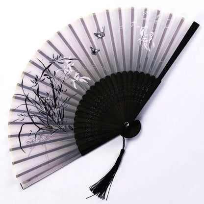 Bamboo Folding Fan with Silk — Chinese & Japanese Style Handheld Fan, Antique Art Craft for Summer Dance, Home Decor & Party