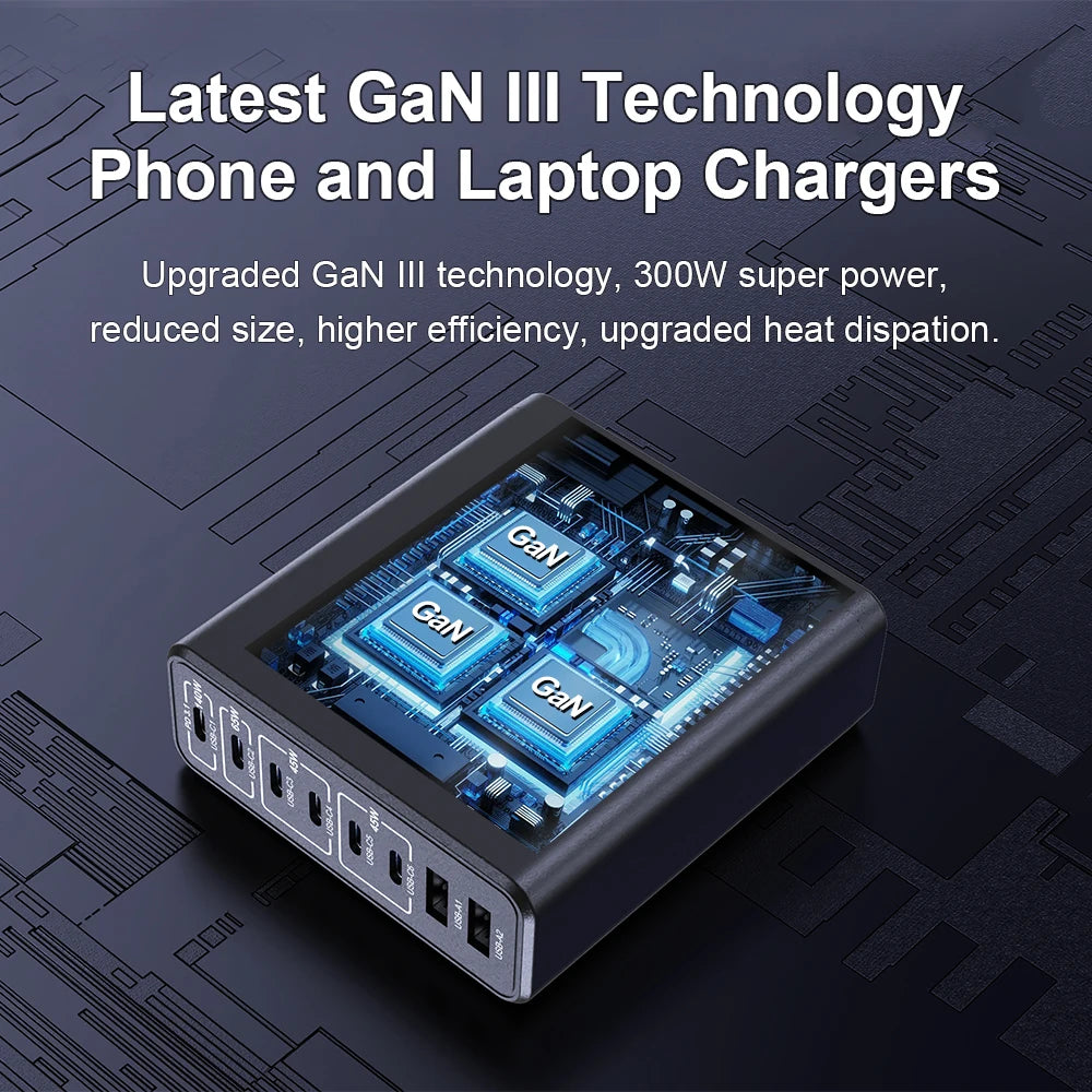 Ubigbuy 300W Multi-Port GaN Charger - USB-C 140W PD 3.1 & PPS 100W Charging Station for MacBook Pro M2, iPhone 15/14, Galaxy