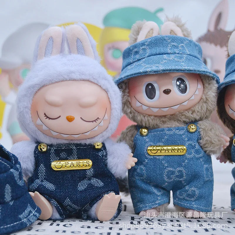 17cm Labubu Doll Clothes – Cowboy Party Outfit with Strap Pants & Fisherman Hat – Only Clothes, Hot Sale
