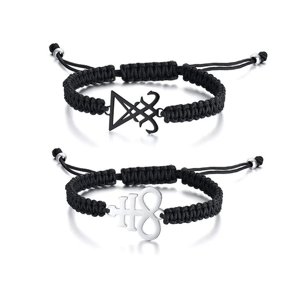 Leviathan Cross Woven Bracelet - Stainless Steel Satanic Style Totem Black Adjustable Knot Wrist Jewelry