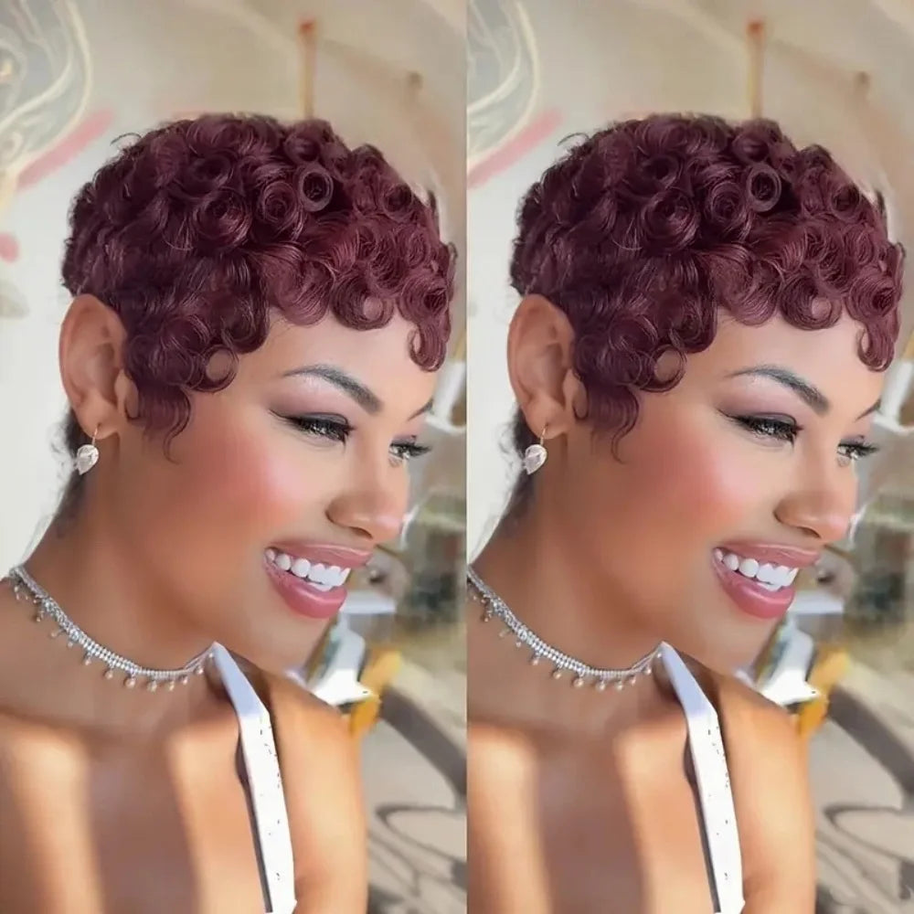 Brazilian Remy Human Hair Wig - Short Curly Pixie Cut Full Machine-Made Wig for Women