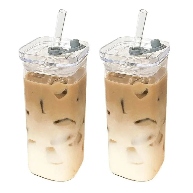 Square Heat-Resistant Coffee Glass Cup with Lid and Straw - Transparent Milk Tea, Juice, and Coffee Mug for Home Bar Drinkware