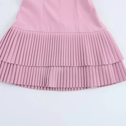 TRAFZA Women’s Square Collar Sleeveless Mini Dress – Summer Pleated Solid Color Slim High Street Chic Dress