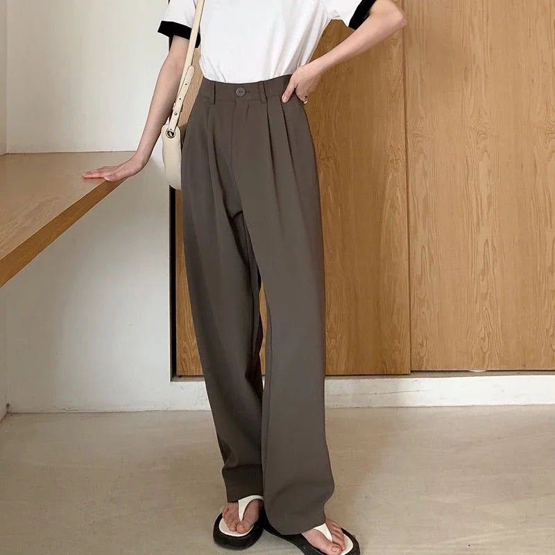 High Waist Women’s Suit Pants – Straight Office Trousers, Casual Button Loose Black Pants for Fall 2024