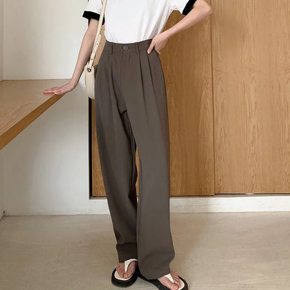High Waist Women’s Suit Pants – Straight Office Trousers, Casual Button Loose Black Pants for Fall 2024