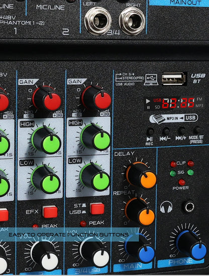 4 Channel DJ Mixer Console – Bluetooth, 48V Phantom Power, USB Audio Interface for Monitor & Karaoke System