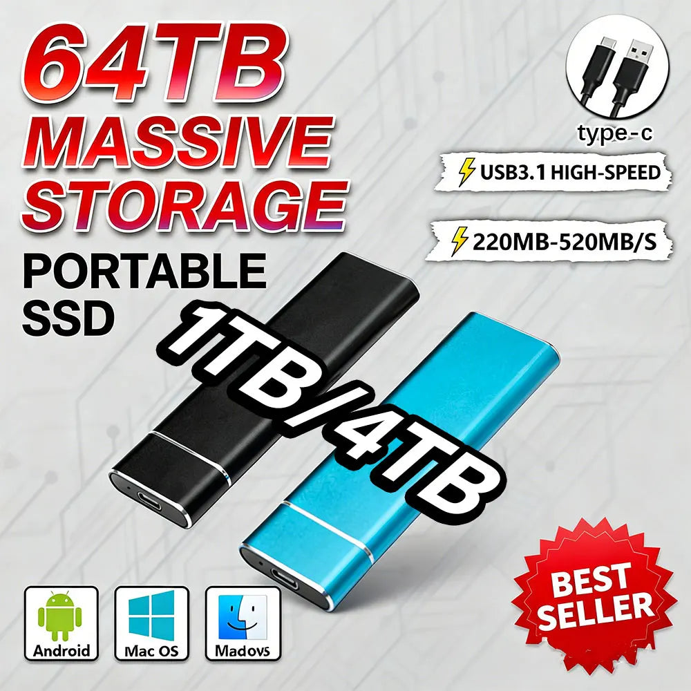 High-Speed Portable SSD – 2TB/4TB External Solid State Drive, Large Capacity Fast Data Storage USB Efficient Backup Hard Drive