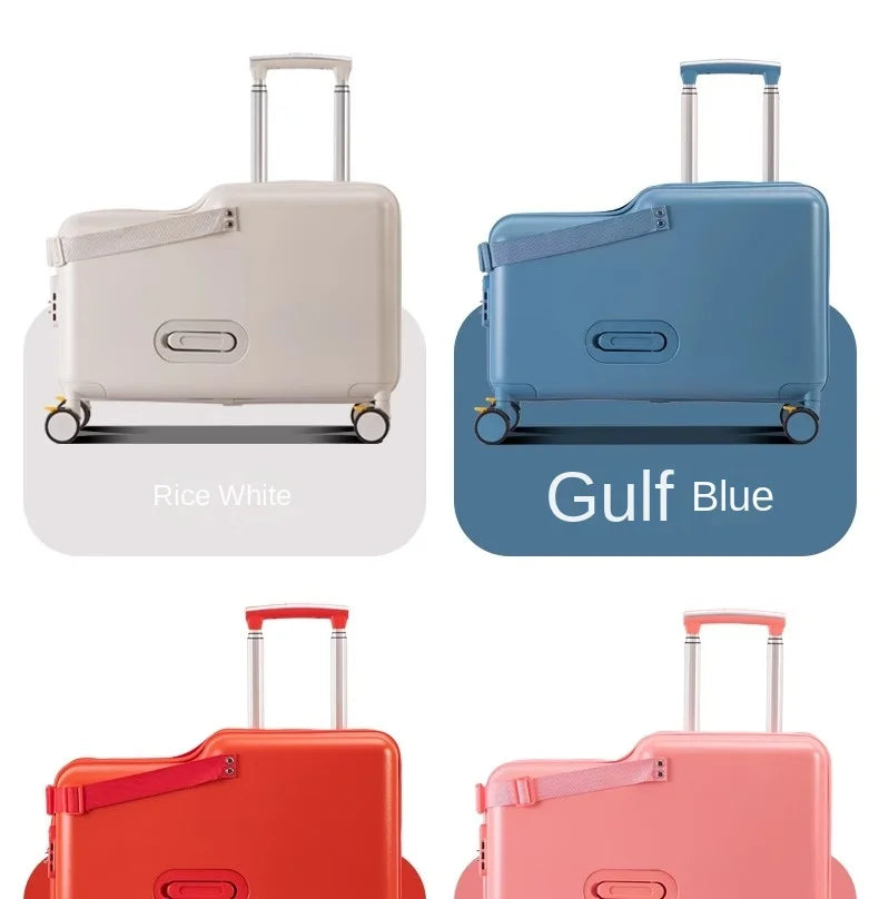 18-Inch Foldable Kids Suitcase with Seat – Lightweight PC Luggage for Boys & Girls, Compact Travel Pedal Boarding Case