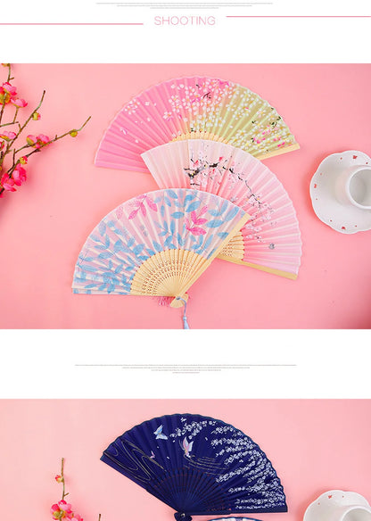 Bamboo Folding Fan with Silk — Chinese & Japanese Style Handheld Fan, Antique Art Craft for Summer Dance, Home Decor & Party