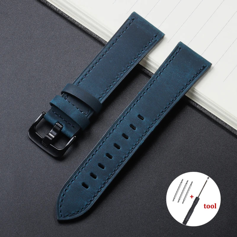 Calfskin Genuine Leather Watch Band – Black, Blue & Dark Brown Straps for Smartwatches, 18mm-24mm Accessories