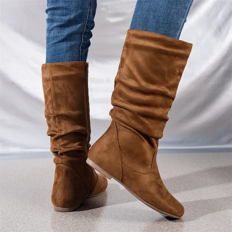 Women’s High-Top Casual Boots – Folded Zipper, Flat Bottom, Alligator Patterned Comfortable Footwear