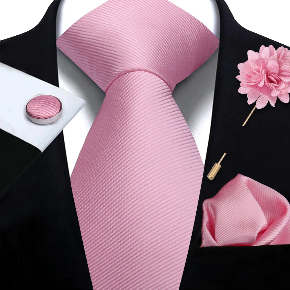 Men's Solid Color Tie Set - Jacquard Necktie, Hanky, Cufflinks & Brooch Gift Box for Weddings