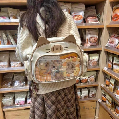 Y2K Korean Kawaii Cat Ita Bag — Cute PU Transparent Shoulder & Crossbody Bag for Girls, Harajuku Style Backpack
