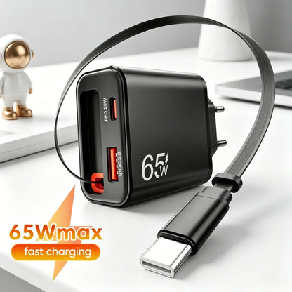 65W USB-C Wall Charger with Retractable Cable – Fast Charging Adapter with USB PD and QC 3.0 for iPhone, POCO, and Xiaomi Devices