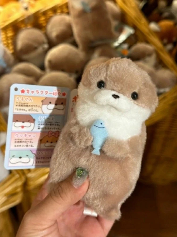 Cute Otters Holding Fish Plush Keyring - Lightweight Hanging Pendant, School Bag, Key Wallet & Toy Gift (11cm)