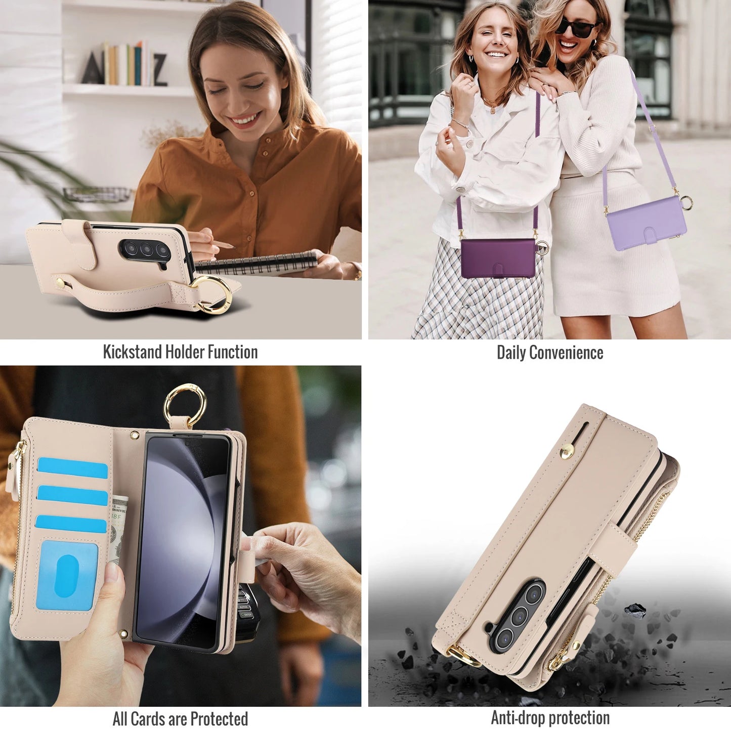 Crossbody Leather Wallet Case with Card Slots, Zipper & Kickstand for Samsung Galaxy Z Fold 3/4/5/6 – Wristband & Ring Holder