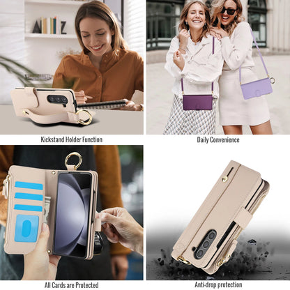 Crossbody Leather Wallet Case with Card Slots, Zipper & Kickstand for Samsung Galaxy Z Fold 3/4/5/6 – Wristband & Ring Holder