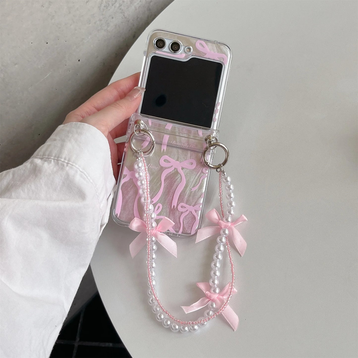 Pink Feathery Bow Folding Case with Chain for Samsung Galaxy Z Flip 3/4/5/6 – Cute Stylish Phone Cover