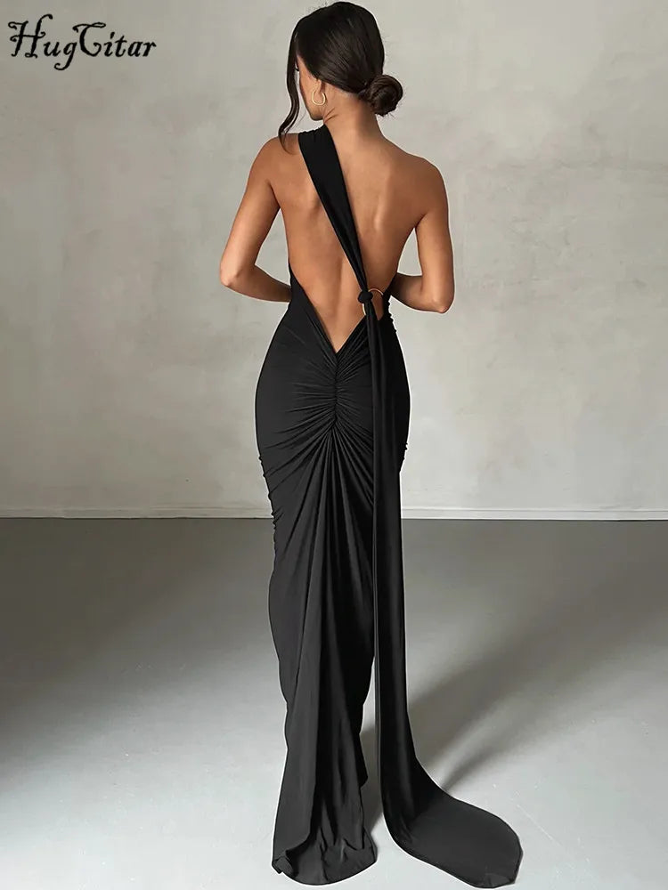 Hugcitar One Shoulder Backless Maxi Dress for Women – Adjustable Scarf Ruched Sexy Elegant Y2K Festival & Streetwear Party Outfit