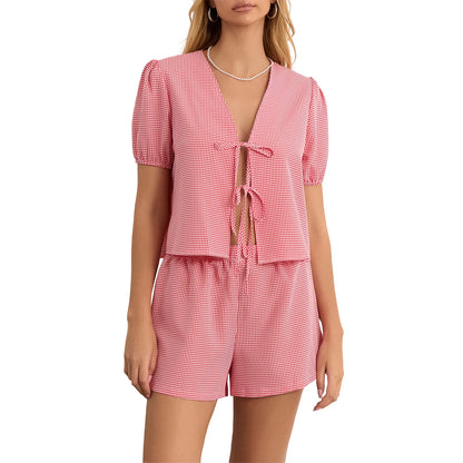 Maemukilabe Y2K Vintage Plaid 2-Piece Set for Women – Loose V-Neck Puff Sleeve Tie-Up Blouse & Shorts Lounge Matching Outfit