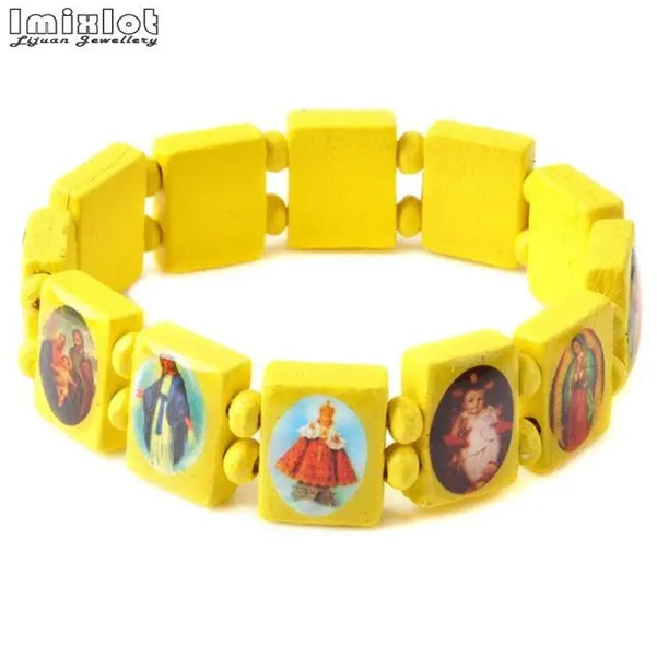 Wooden Rosary Bracelet - Elastic Colored Bead Catholic Prayer Bracelet with Jesus and Saint Design