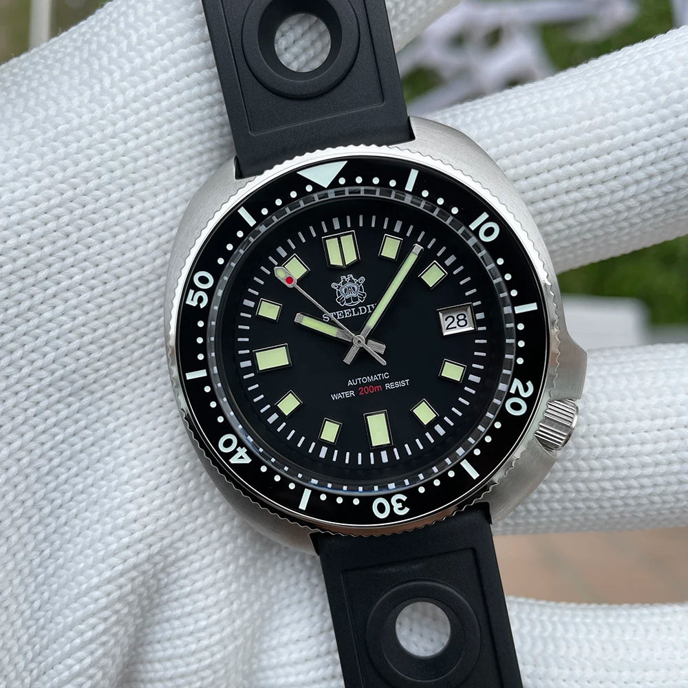 Steeldive SD1970 Men’s Automatic Dive Watch — 200M Waterproof, White Date Background, AR Coating Sapphire Glass, NH35 Black Dial Turtle Design