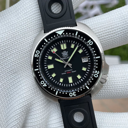 Steeldive SD1970 Men’s Automatic Dive Watch — 200M Waterproof, White Date Background, AR Coating Sapphire Glass, NH35 Black Dial Turtle Design