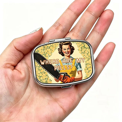 “Where Are My Pills?” Metal Pill Box - Retro 2-Compartment Portable Travel Medicine Organizer