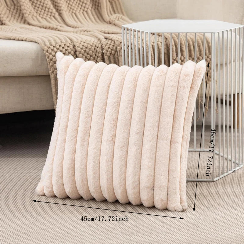 Faux Rabbit Fur Square Cushion Cover – Thick Striped Super Soft Solid Color Pillow, 45x45cm Sofa Decor