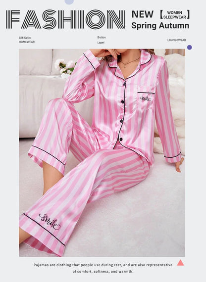 Women’s Stripe Print Satin Pajama Set – Victorian Style Long Sleeve Top & Pants Autumn Sleepwear