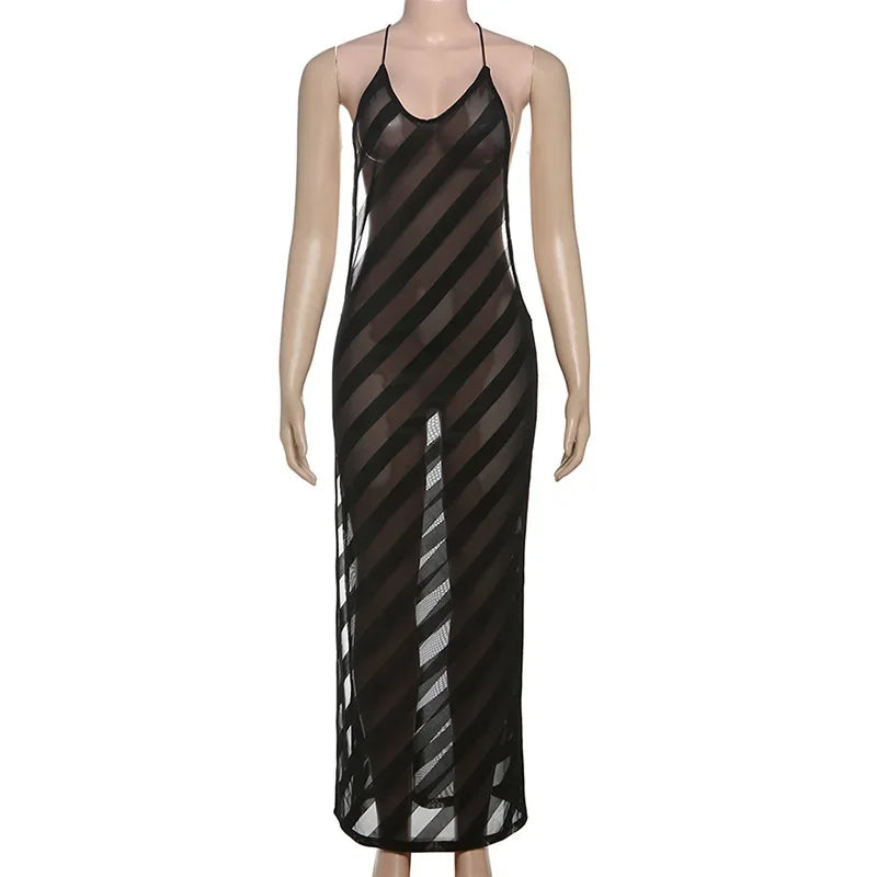 Mesh See-Through Halter Maxi Dress - Sleeveless Backless Bodycon Party Club Dress with High Split for Women