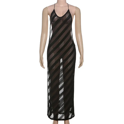 Mesh See-Through Halter Maxi Dress - Sleeveless Backless Bodycon Party Club Dress with High Split for Women