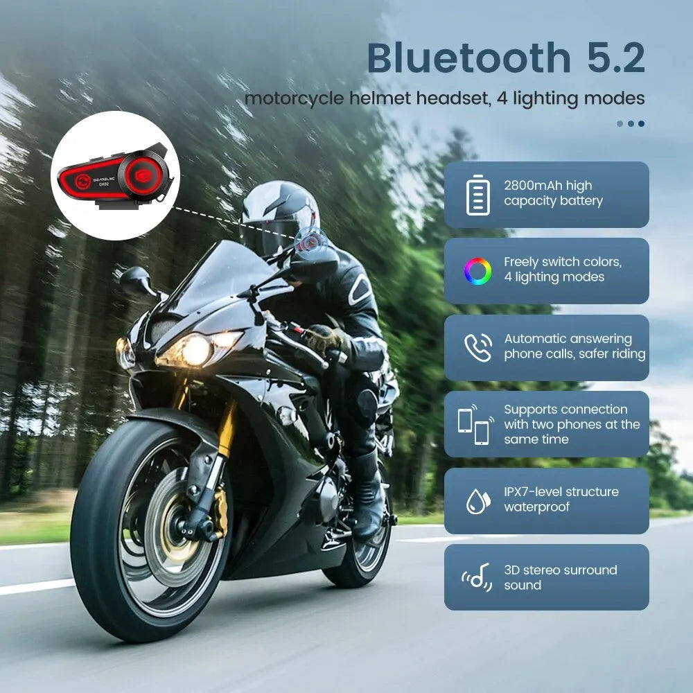 GEARELEC DK02 Motorcycle Helmet Headset - Stereo Bluetooth Hands-Free Call, IPX7 Waterproof, 2800mAh with Tri-Color Ambient Light