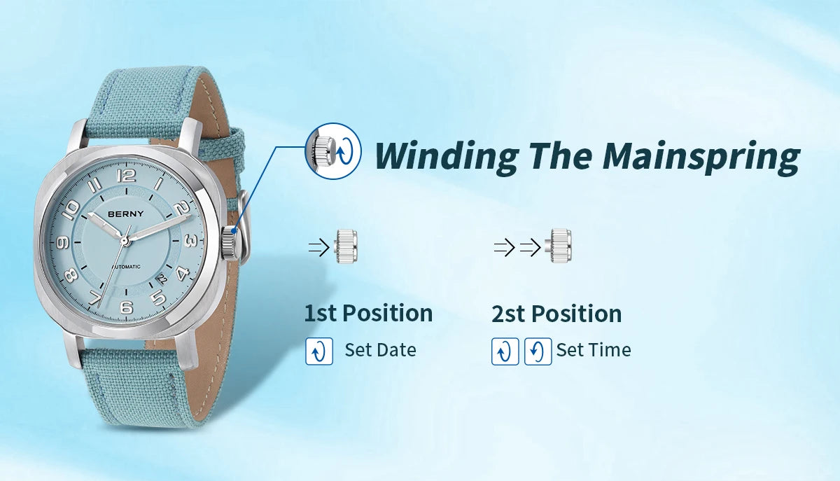 BERNY Women’s Mechanical Watch — Self-Wind Pillow Cushion Design with Sapphire Crystal, Super Luminous Display, Canvas Strap, and Calendar Function