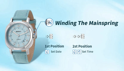 BERNY Women’s Mechanical Watch — Self-Wind Pillow Cushion Design with Sapphire Crystal, Super Luminous Display, Canvas Strap, and Calendar Function
