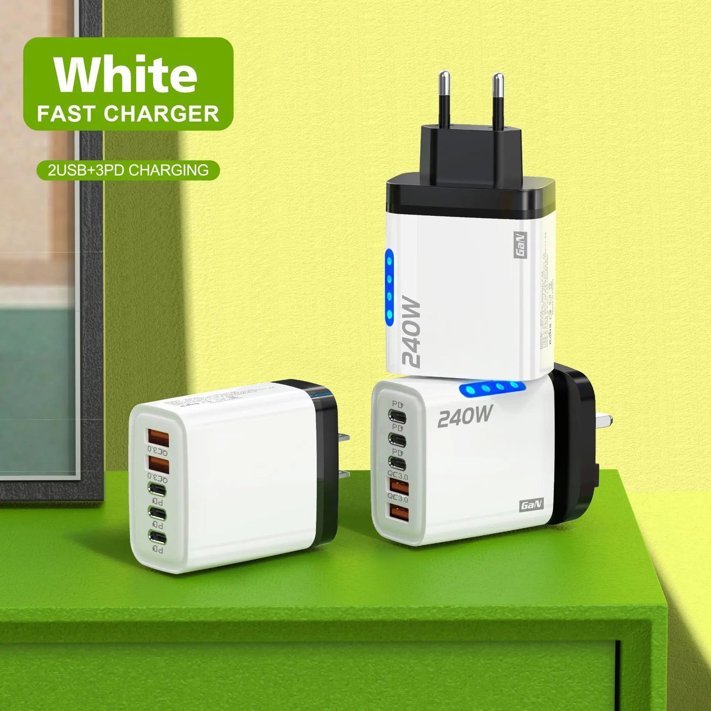 240W 5-in-1 GaN Fast Desktop Charger – USB-C Quick Charge 3.0 Adapter for iPhone Samsung Huawei