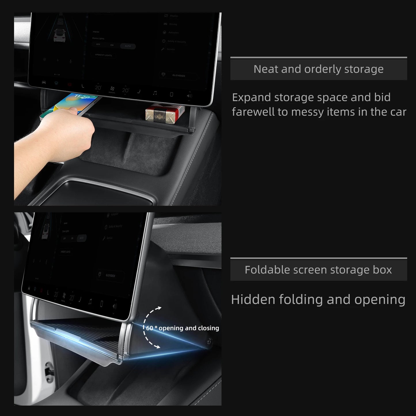 Hidden Storage Box Organizer – Under Screen Tray for Tesla Model Y 2024 & Model 3 2021-2022