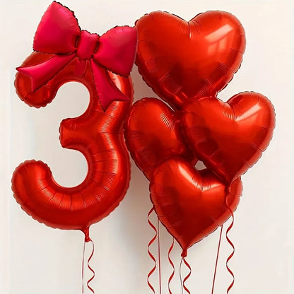 Red Heart Foil Balloons Set - 6PCS Birthday Wedding Anniversary Decoration with 32 Inch Numbers & Tassel Bows