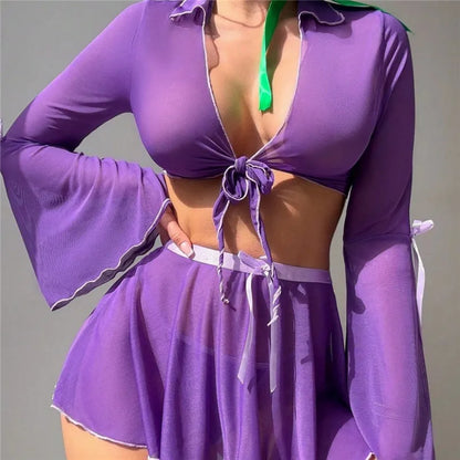 Women's Halloween Daphne 4-Piece Costume Set - Sheer Mesh Tie-Front Crop Top Flare Sleeve Skirt Scarf & Briefs