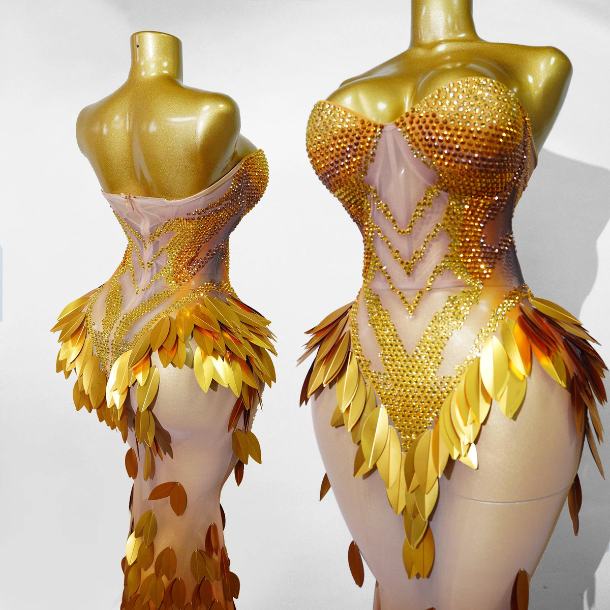 3D Gold Feather Rhinestone Split Dress - Evening Dance, Catwalk & Stage Performance Outfit