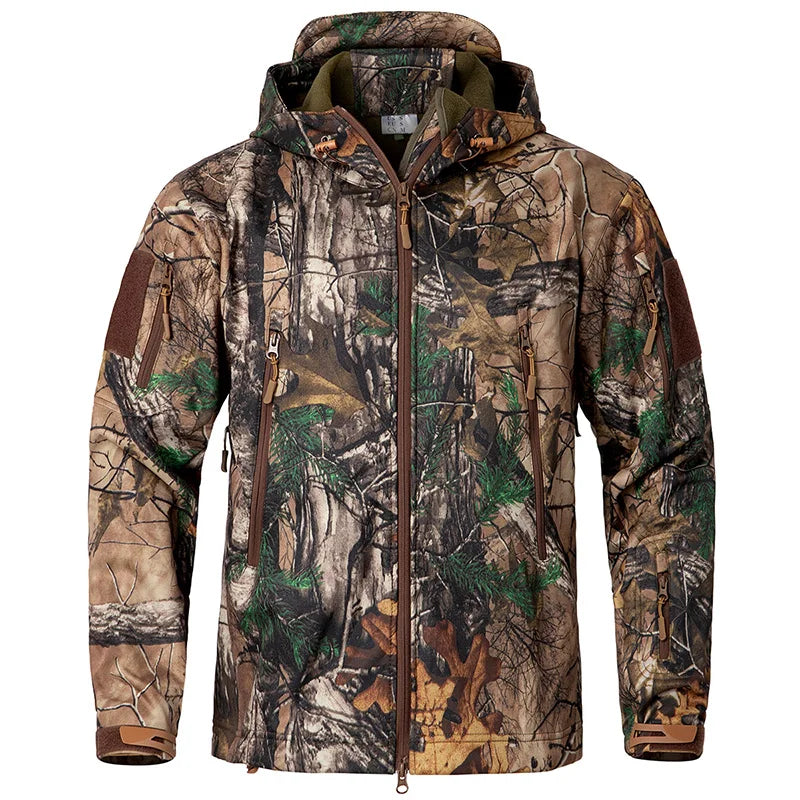 Men’s Silent Soft Shell Tactical Jacket | Waterproof, Warm Fleece Camouflage Hunting & Outdoor Hooded Coat