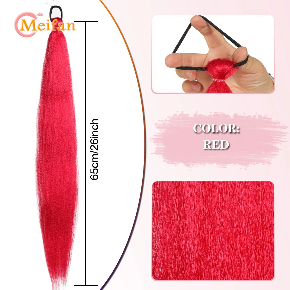 MEIFAN Synthetic Color Braid Ponytail Extension – Red, Green, Blue, Pink, Straight Hair Wrap Around with Elastic Tie