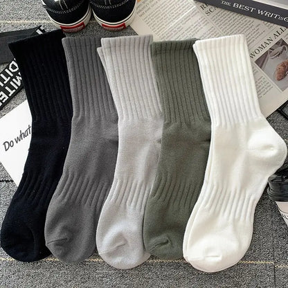 5 Pairs Cool Men's Socks Set – Black & White, Warm Autumn/Winter Sport Short Socks, Solid Color for Men